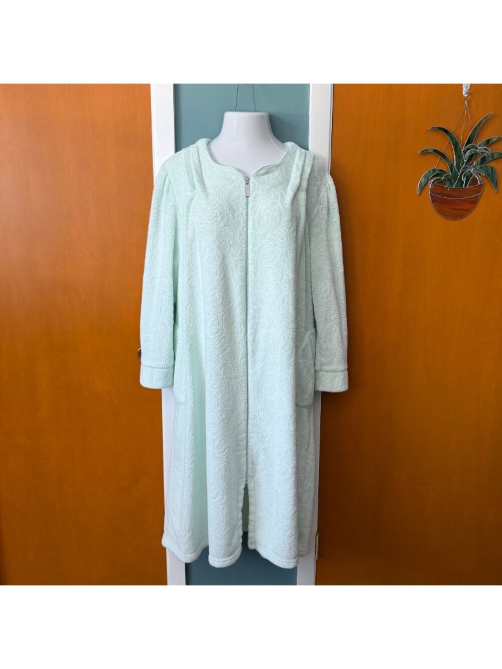 Jasmine Rose Womens Robe XL Mint Green Calf Length Long Sleeve 3/4 Zip Pockets